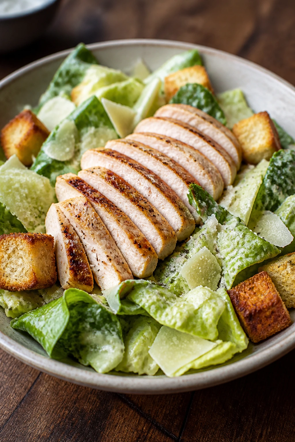 Plated Caesar with chicken atop and crisp croutons