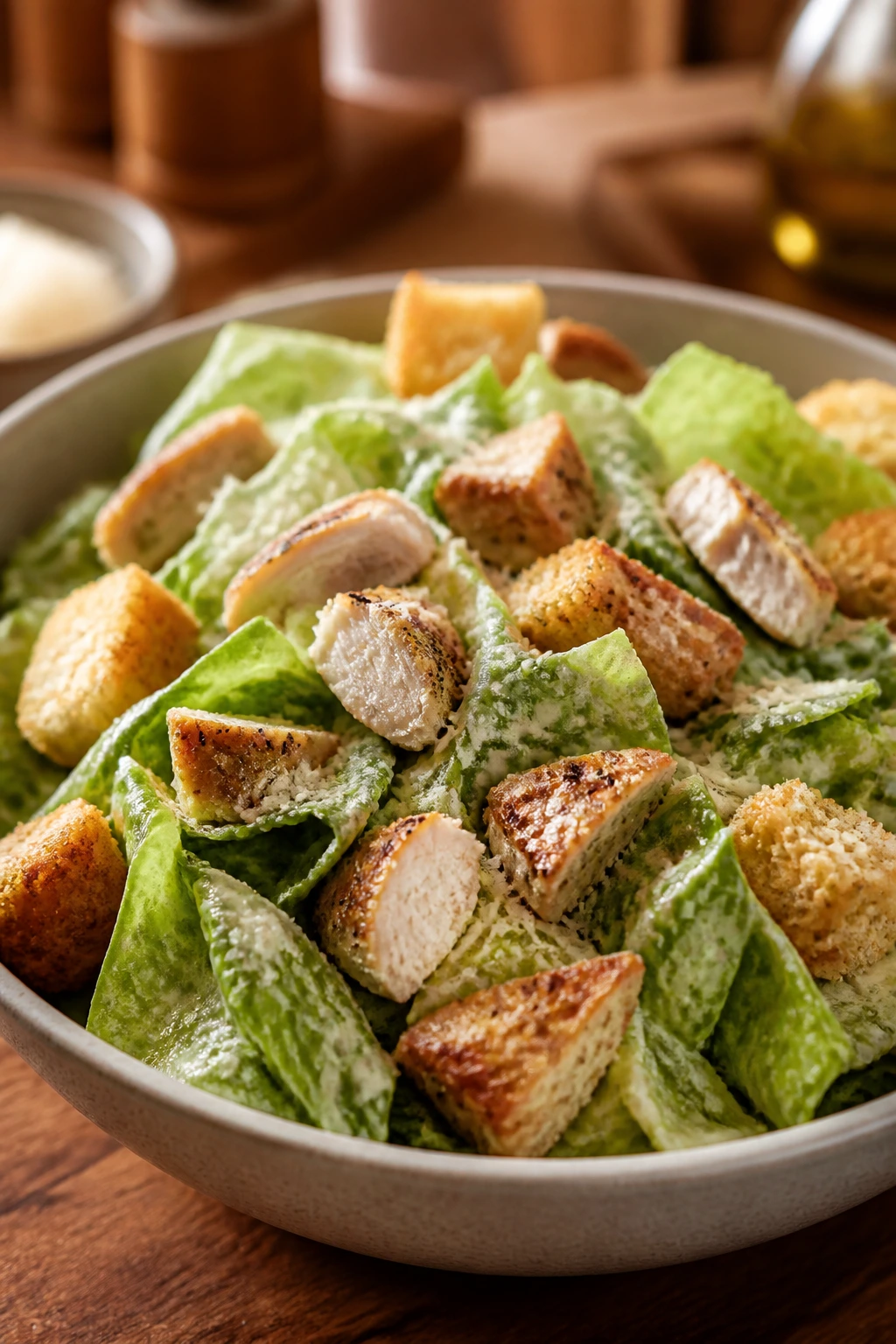 Close-up bowl of Crisp Chicken Caesar Salad