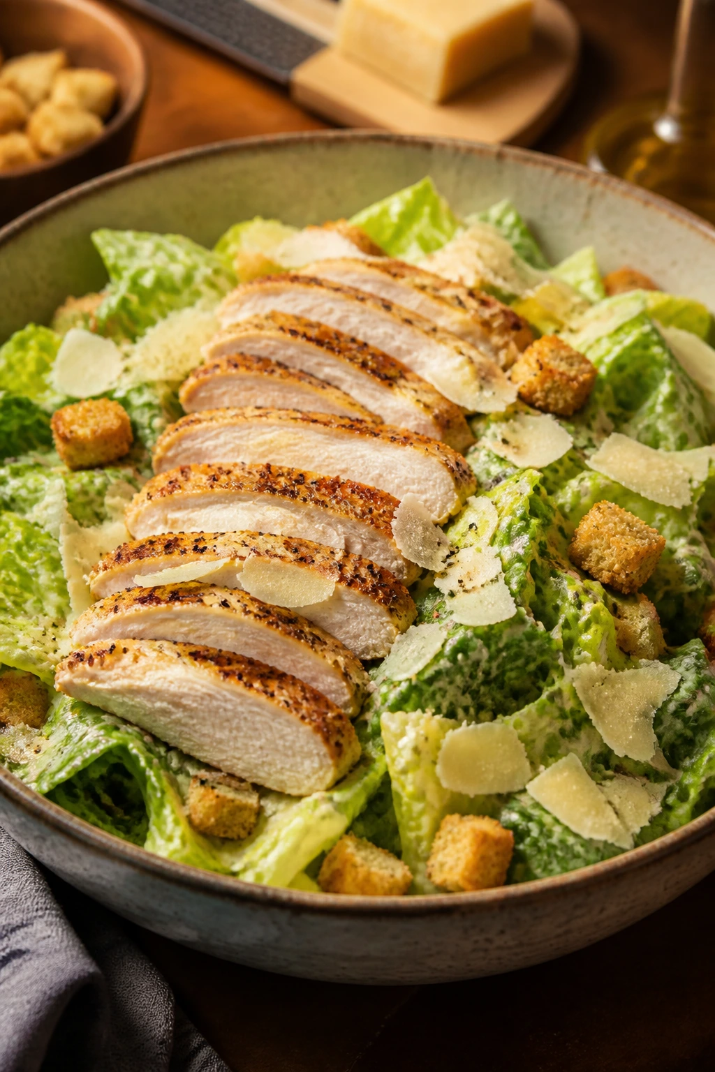 Salad bowl with romaine, chicken slices, croutons, and Parmesan