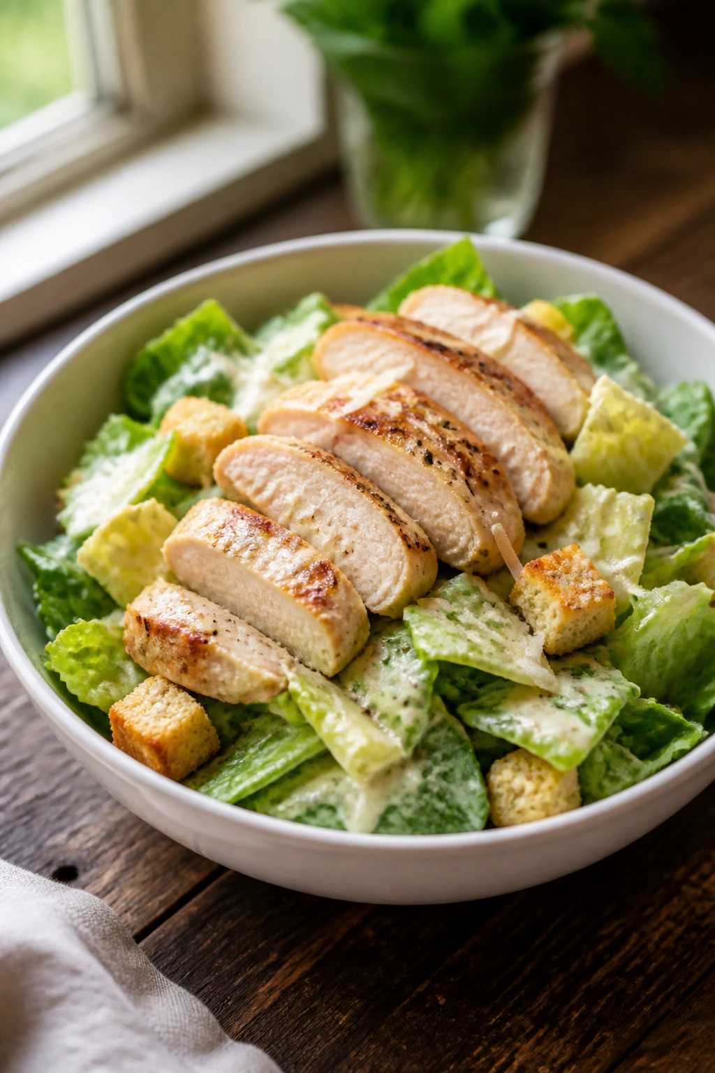 Close-up of a bowl of chicken Caesar salad with juicy chicken and crisp romaine