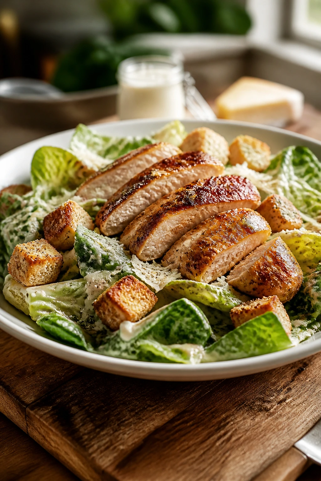 Close-up of crisp chicken Caesar salad on plate with romaine, chicken, croutons and Parmesan