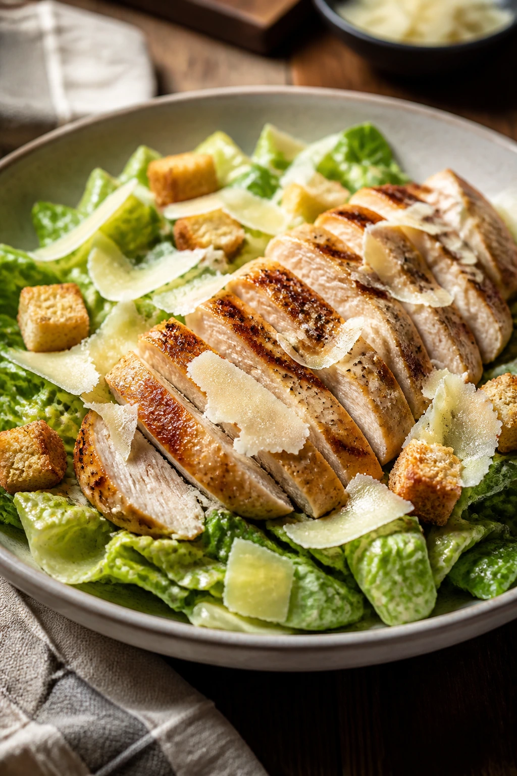 Close-up of Caesar salad with chicken and melting Parmesan in a shallow bowl