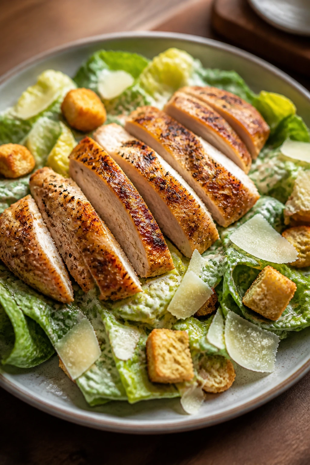 Plate of Juicy Chicken Caesar for Weeknight Dinners with chicken, romaine, croutons, and Parmesan