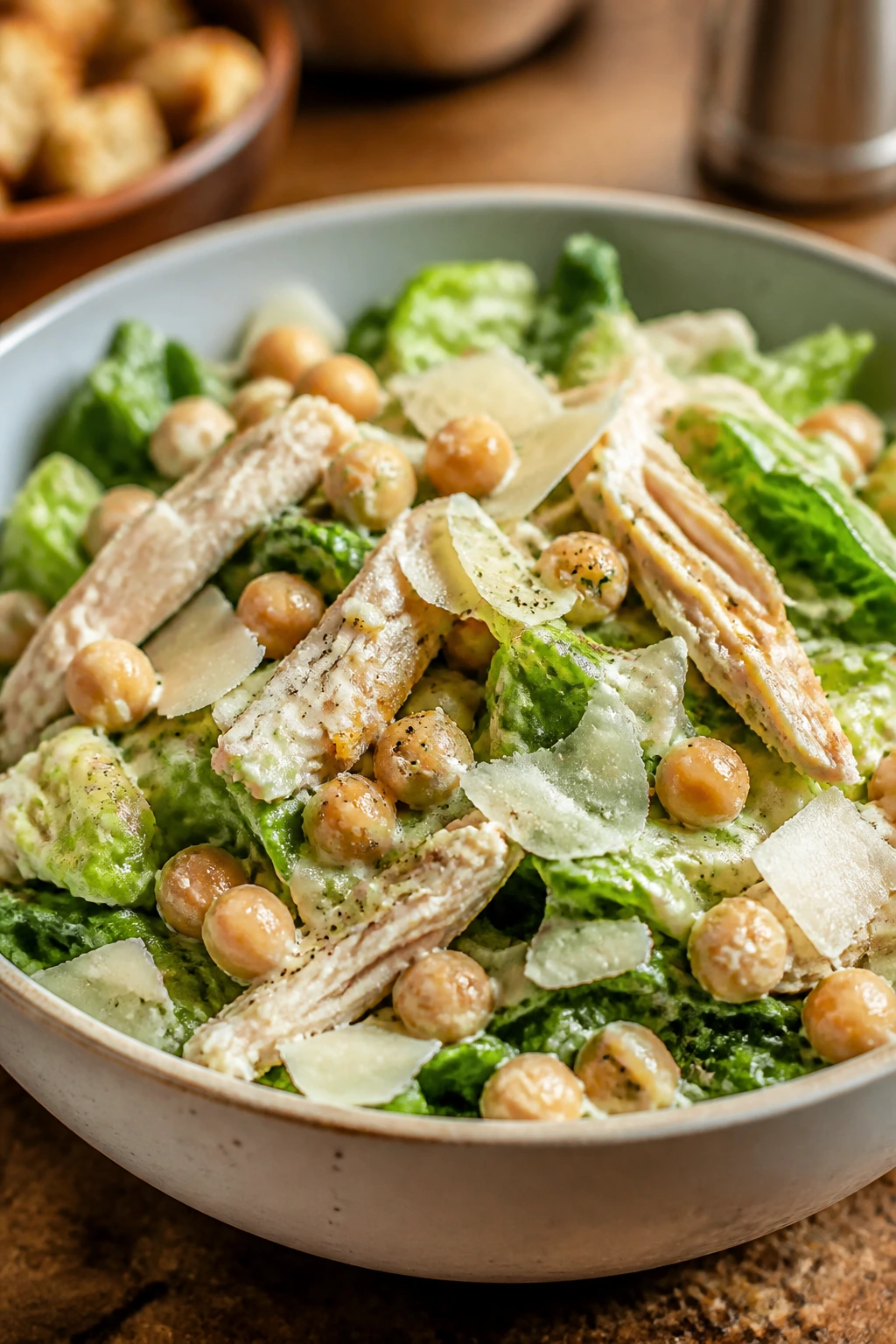 Bowl of chicken caesar chickpea salad with romaine and parmesan