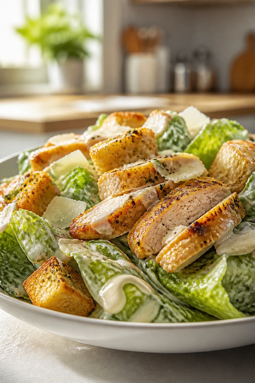 plated Crisp Chicken Caesar Salad with homemade dressing