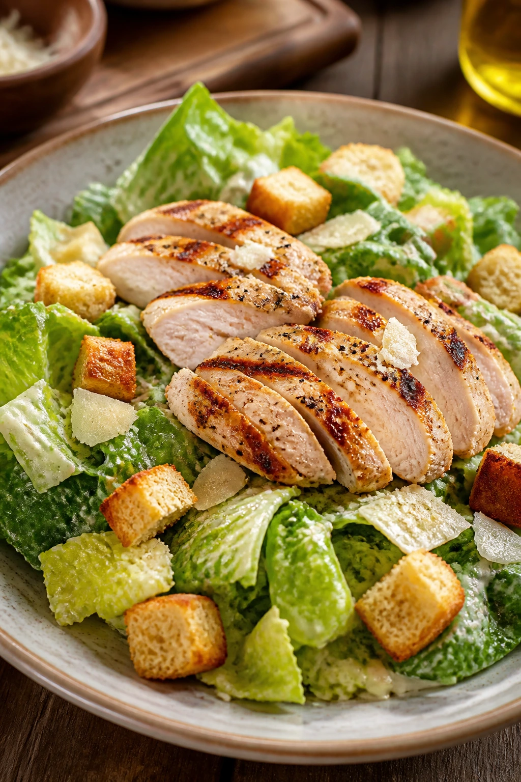 Close-up plated Caesar salad with grilled chicken, romaine, and croutons