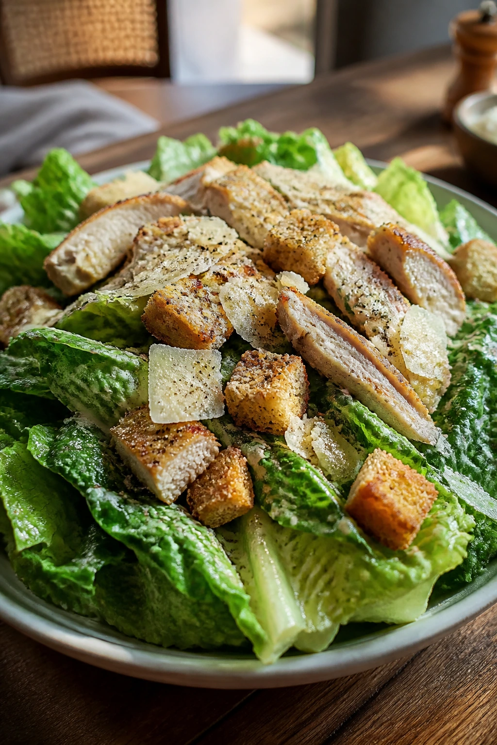 Close-up of Caesar salad showing romaine, dressing, Parmesan, and croutons