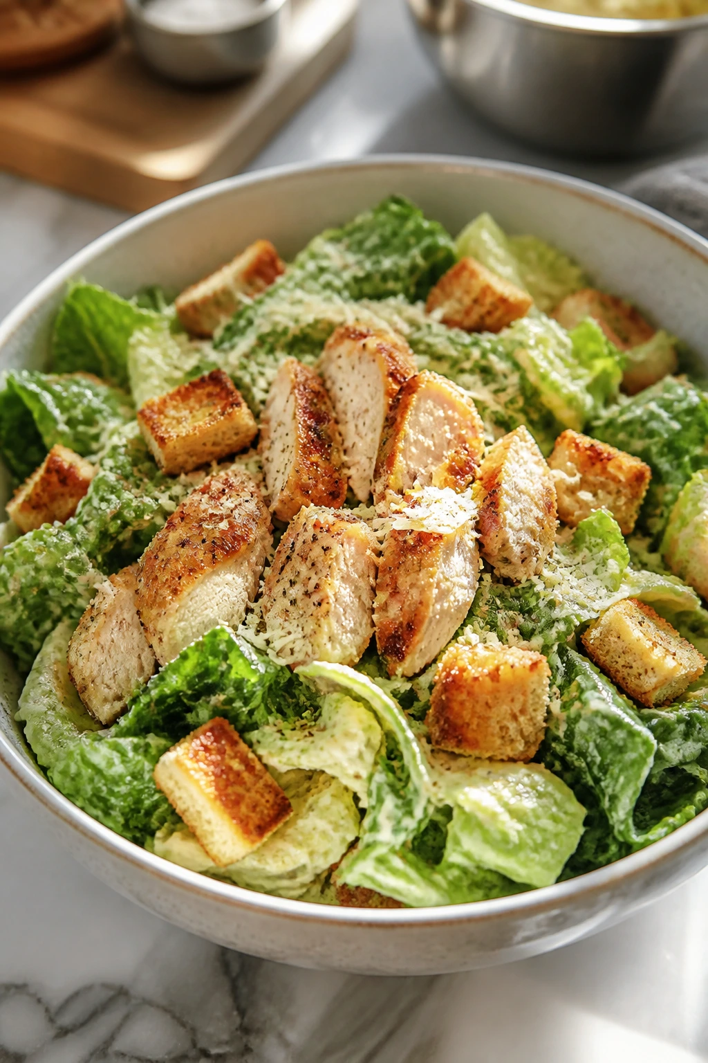 Caesar salad just tossed in a bowl with chicken and croutons