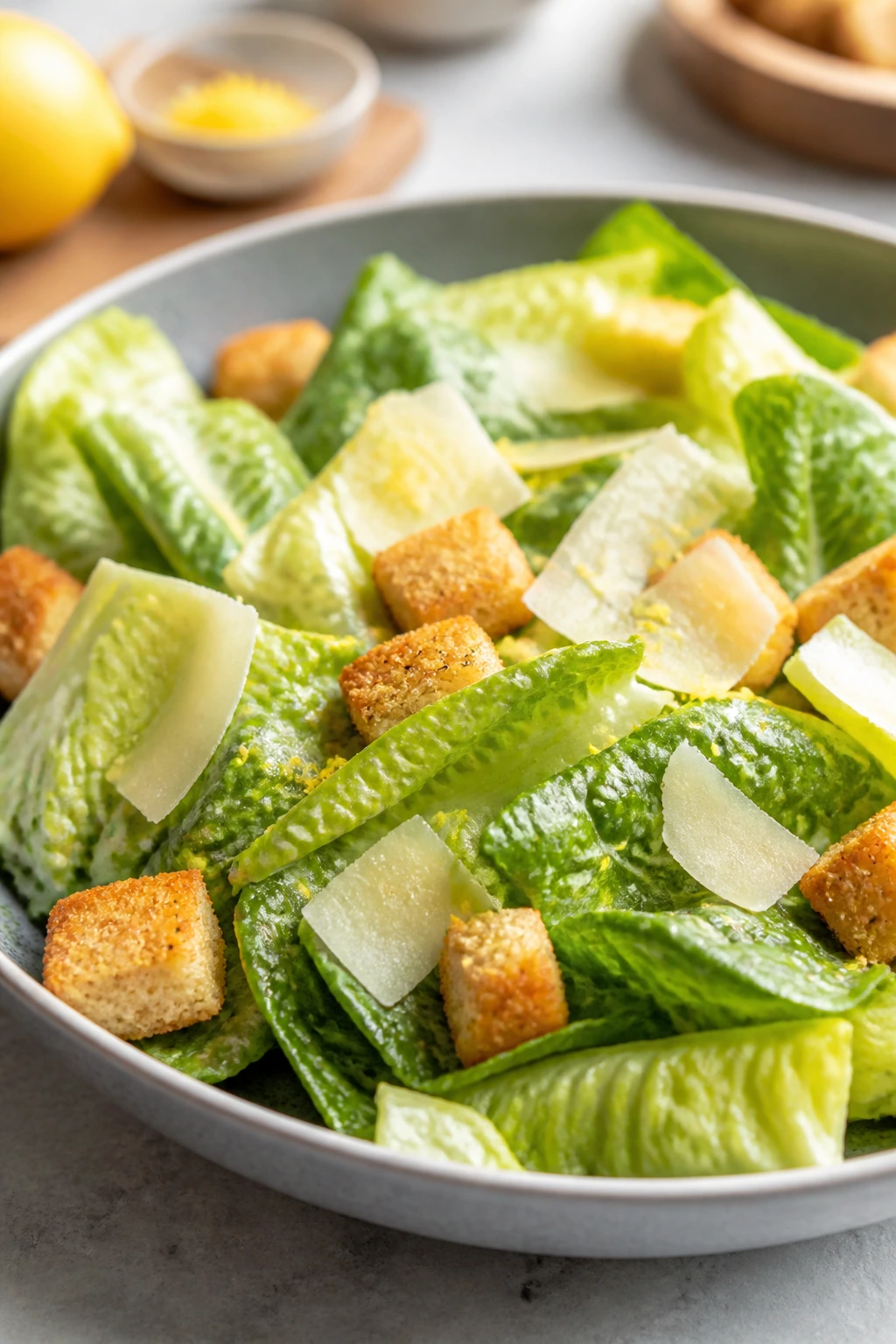 Caesar salad with lemon zest and shaved Parmesan in a chilled bowl