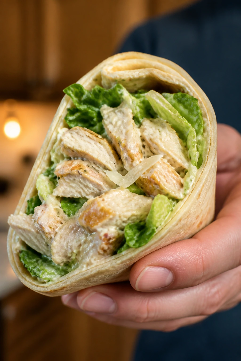 Close-up of a real person holding a chicken Caesar wrap
