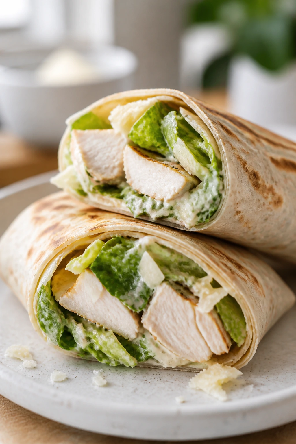 Chicken Caesar wrap cut in half showing filling