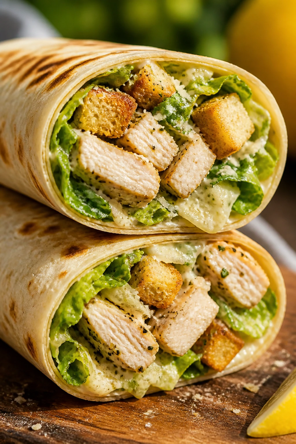 Close-up of a lemon-herb chicken Caesar wrap showing chicken, romaine, Parmesan and croutons on a wooden board