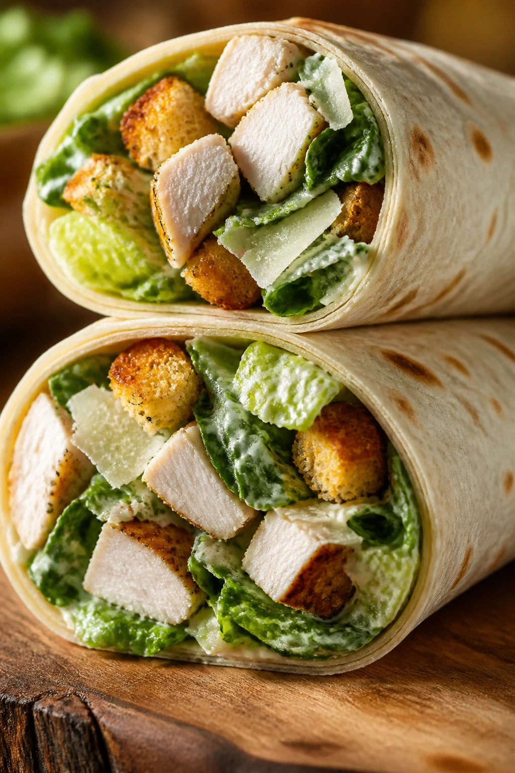 Close-up of a sliced chicken Caesar wrap showing romaine, parmesan, and croutons on a wooden board