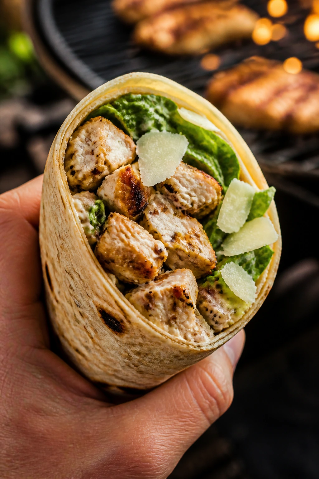 Close-up of a person holding a chicken Caesar wrap with romaine and Parmesan visible