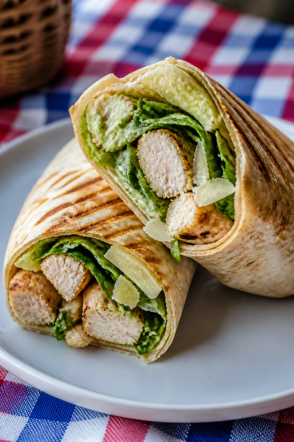 Grilled chicken Caesar wrap halves on a plate outdoors