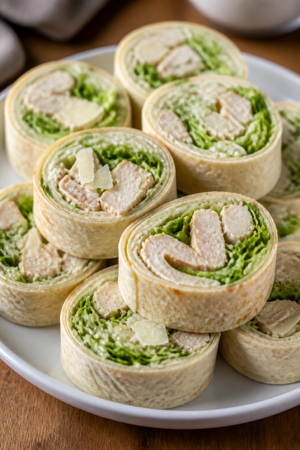 Close-up of chicken Caesar wrap pinwheels on a plate