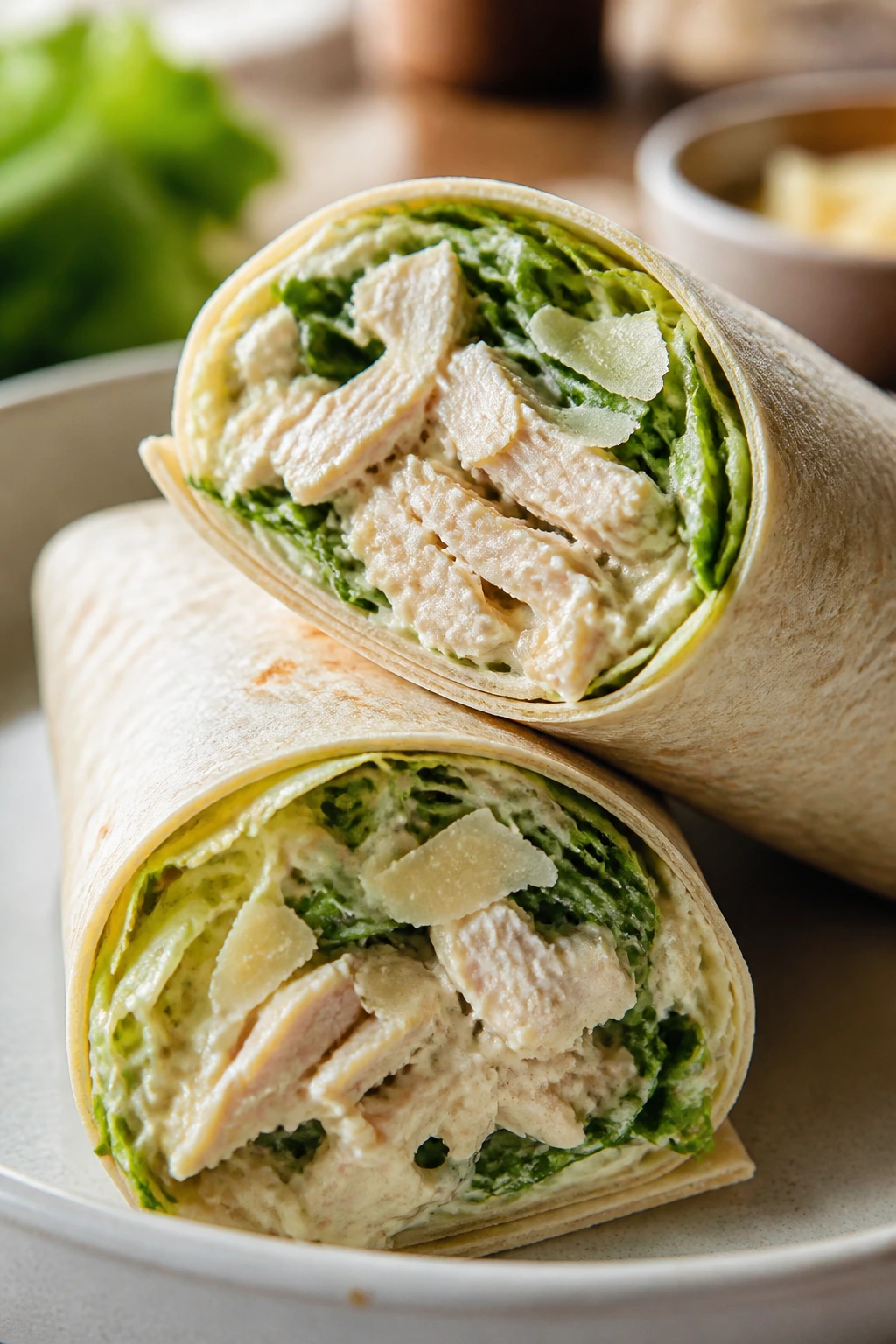 Close-up of a Caesar wrap cut in half showing chicken, romaine and Parmesan