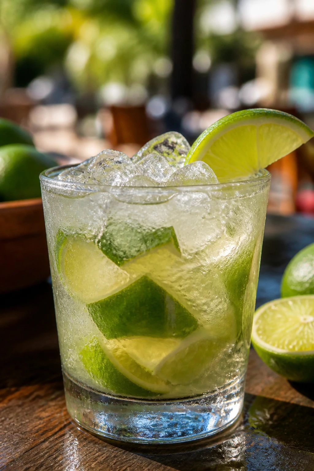 Caipirinha in a rocks glass with muddled lime on a sunny outdoor table