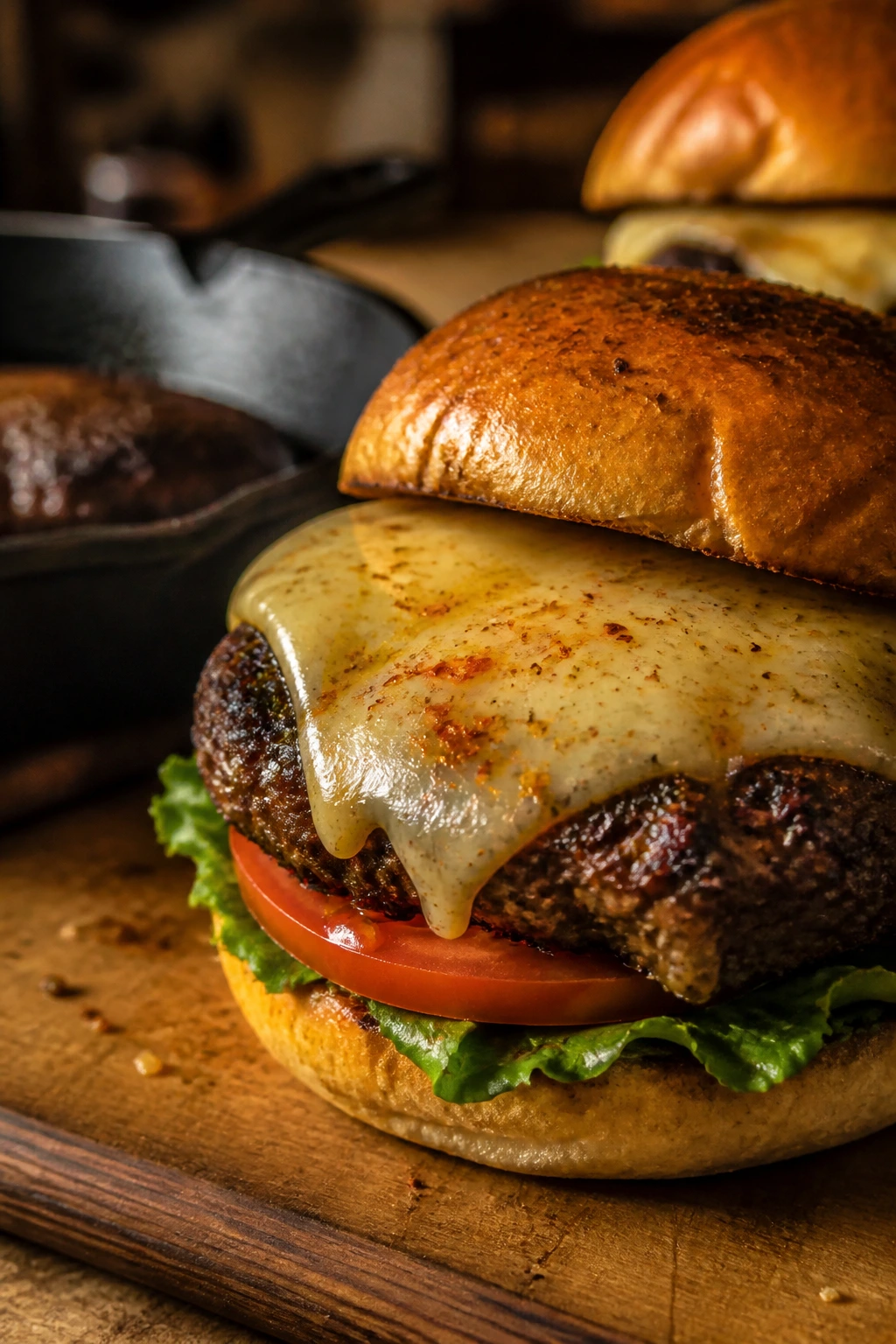 Close-up of Cajun Burger with melted pepper jack on wooden board