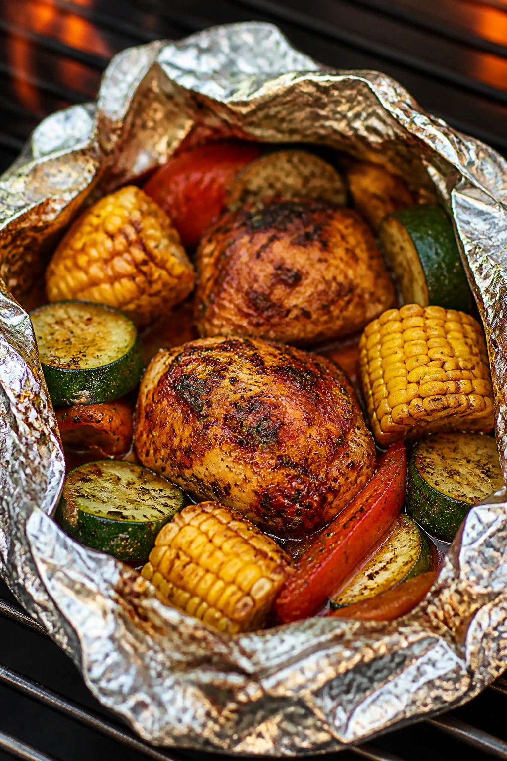 Open foil packet with Cajun chicken and corn on grill