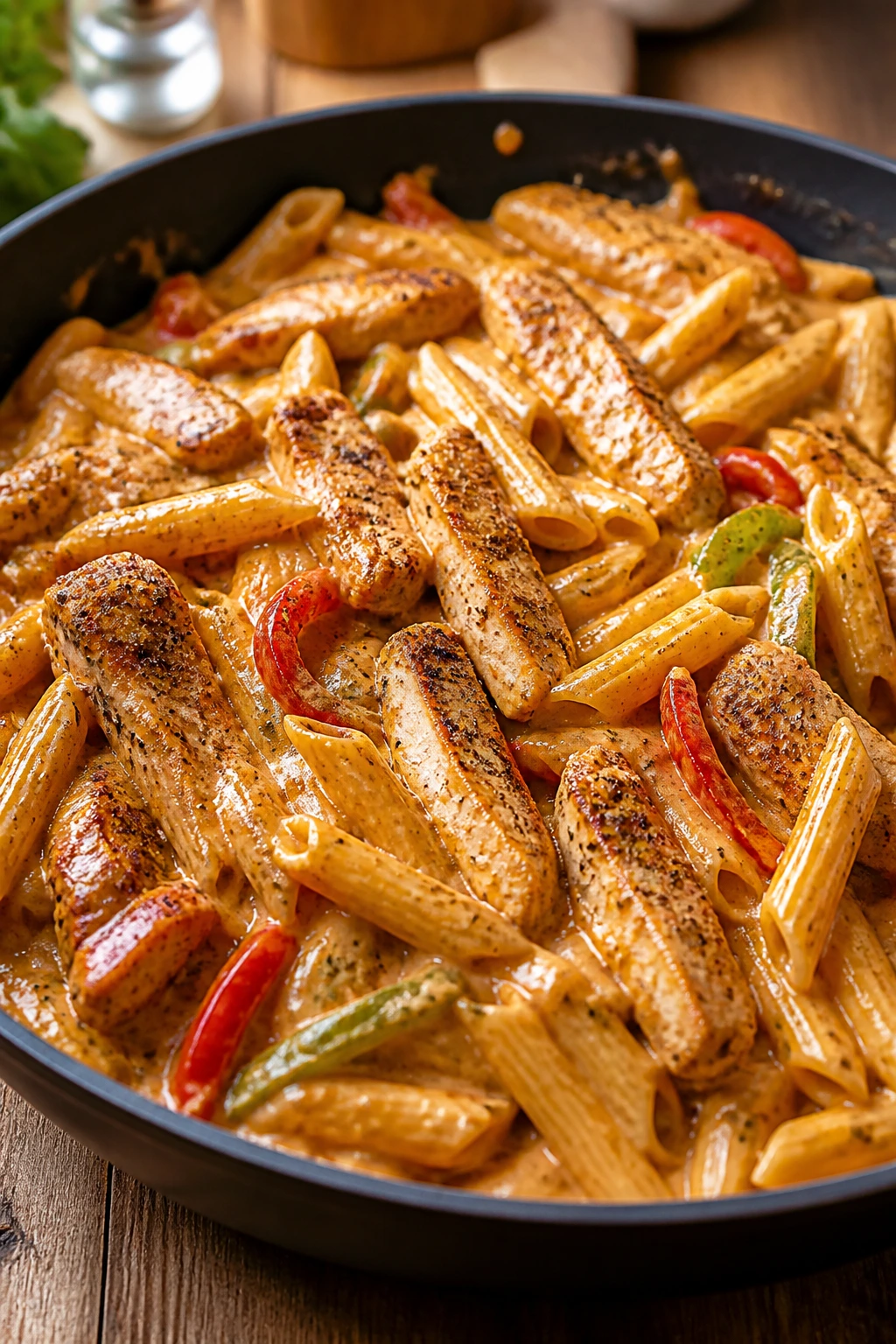 Creamy Cajun chicken pasta in a skillet with peppers fills the frame.