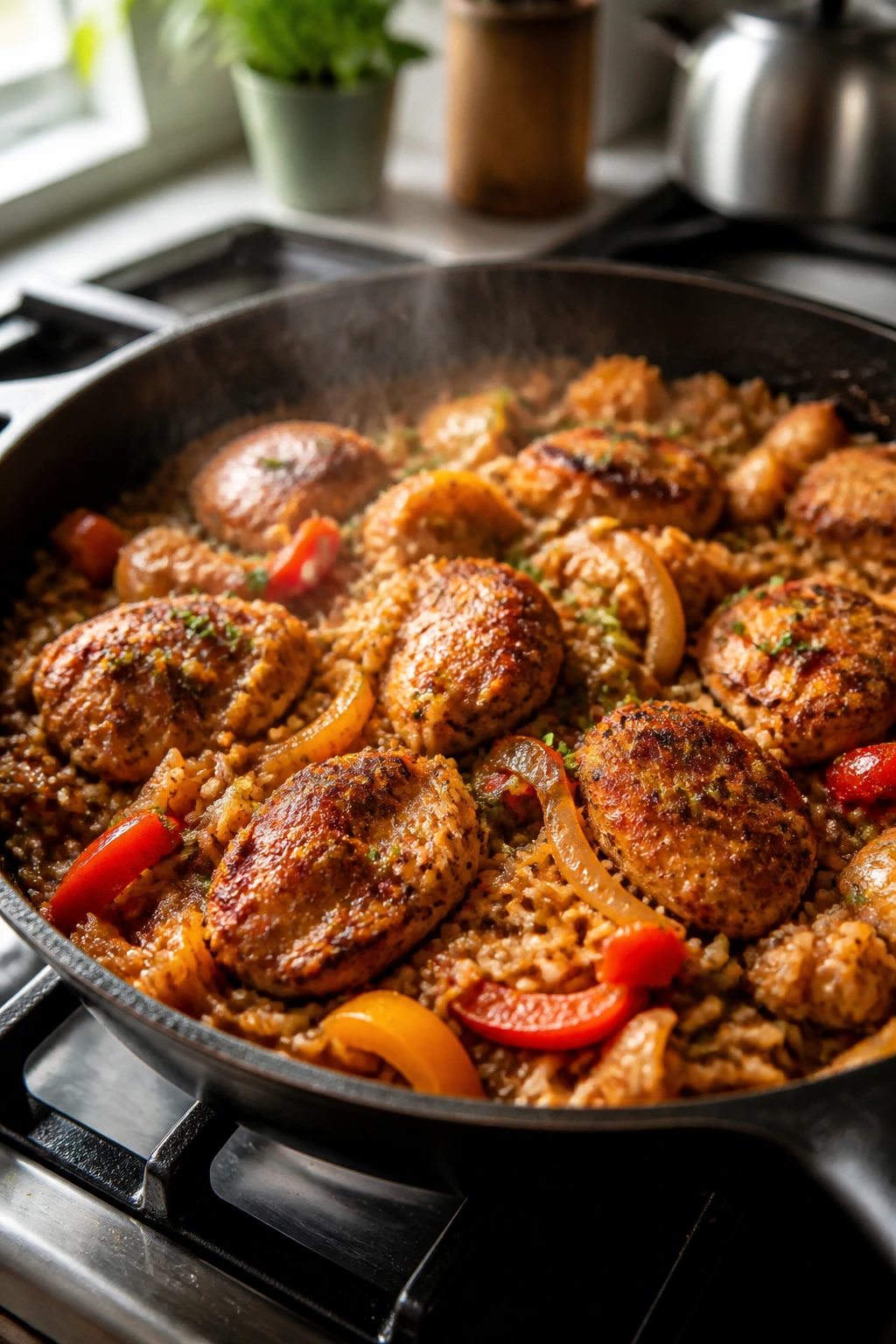 Cajun chicken and rice skillet in a kitchen