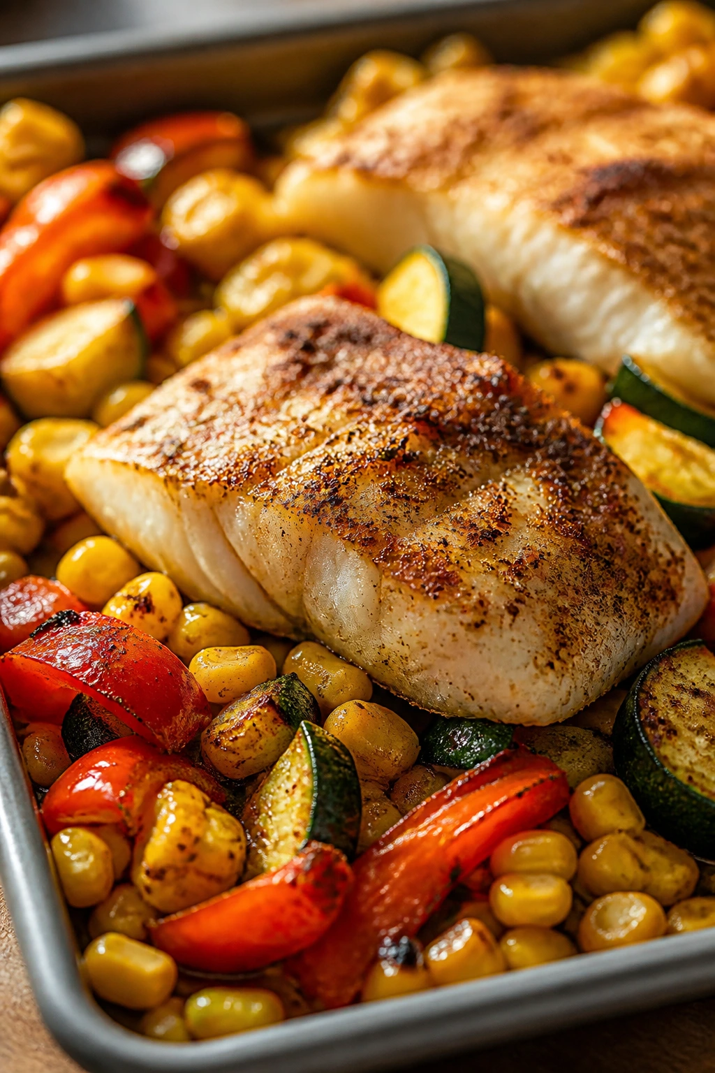 Close-up of Cajun cod with corn and peppers on a sheet pan, golden crust