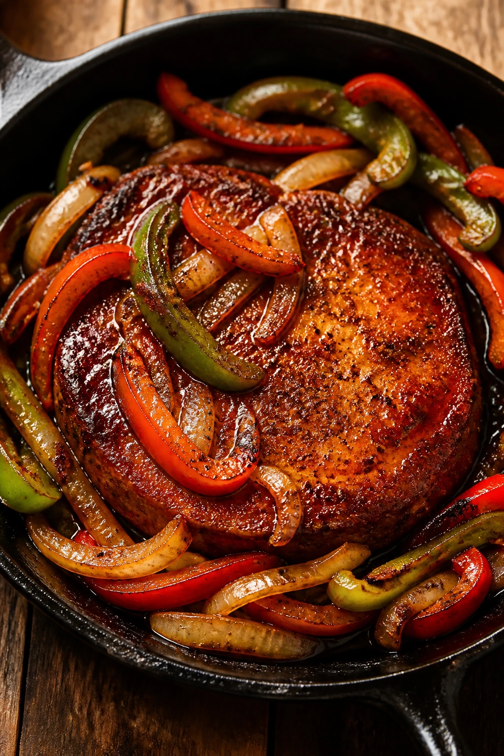Cajun ham steak with peppers and onions in skillet