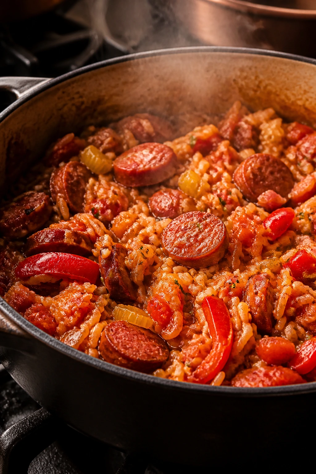 Cajun sausage jambalaya in a Dutch oven with peppers and rice