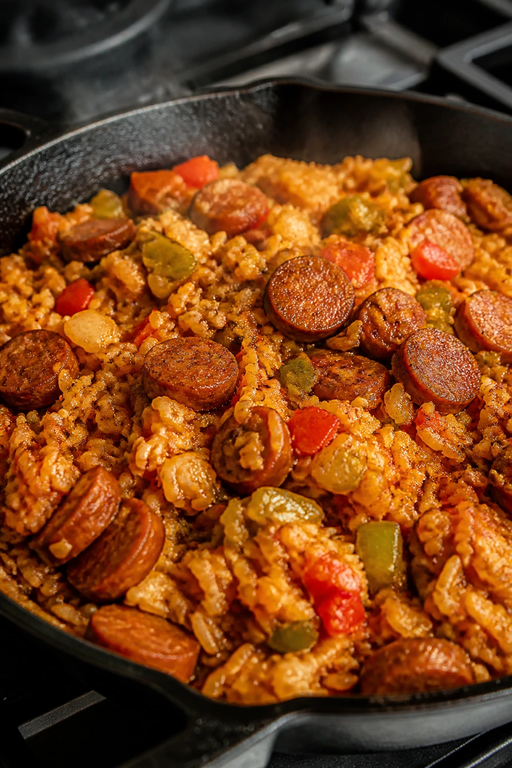 Skillet jambalaya with rice, sausage and peppers steaming in a kitchen
