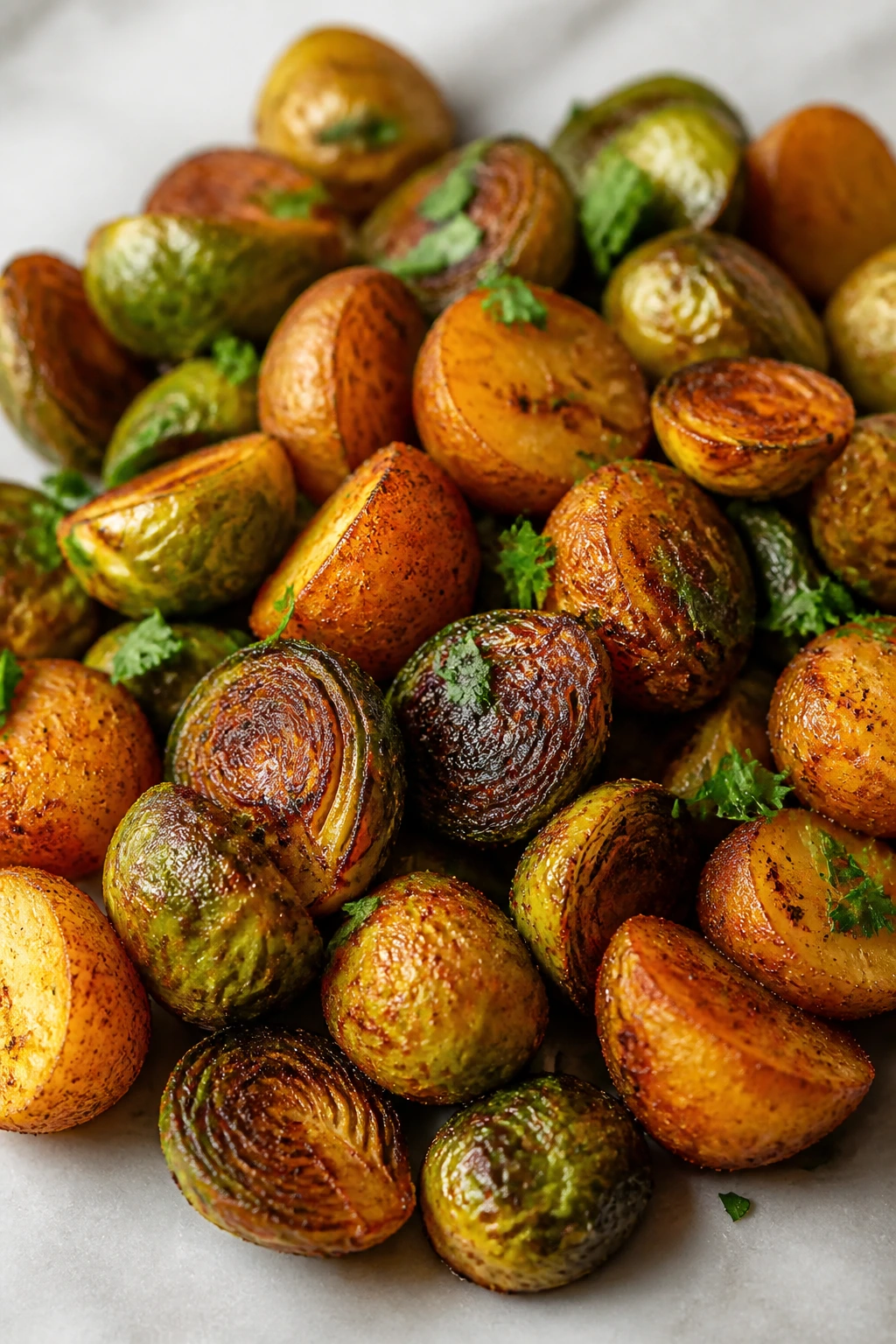Close-up of Cajun-seasoned Brussels sprouts and potatoes roast