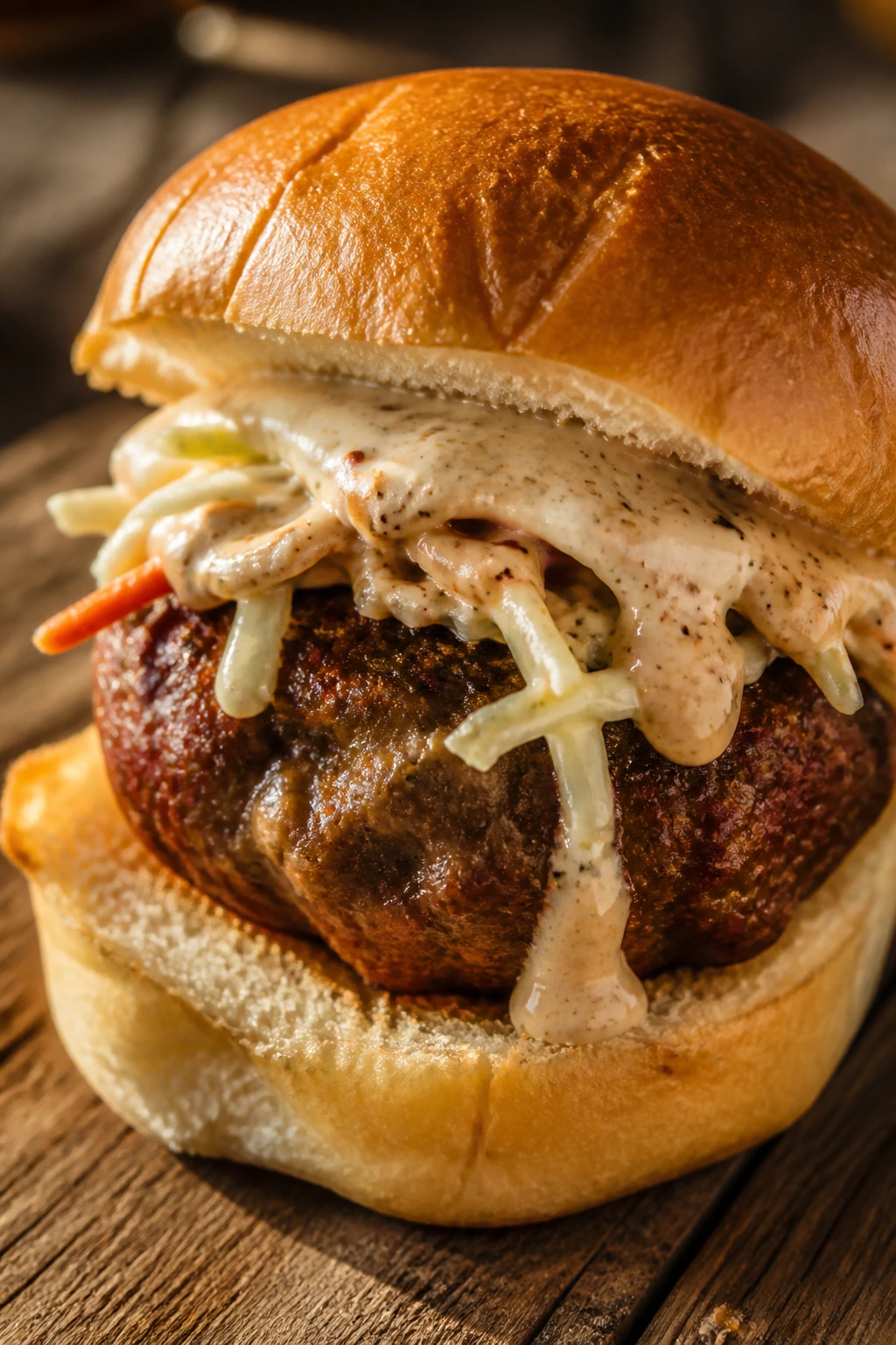 Close-up of Cajun remoulade meatball slider with slaw on a rustic table