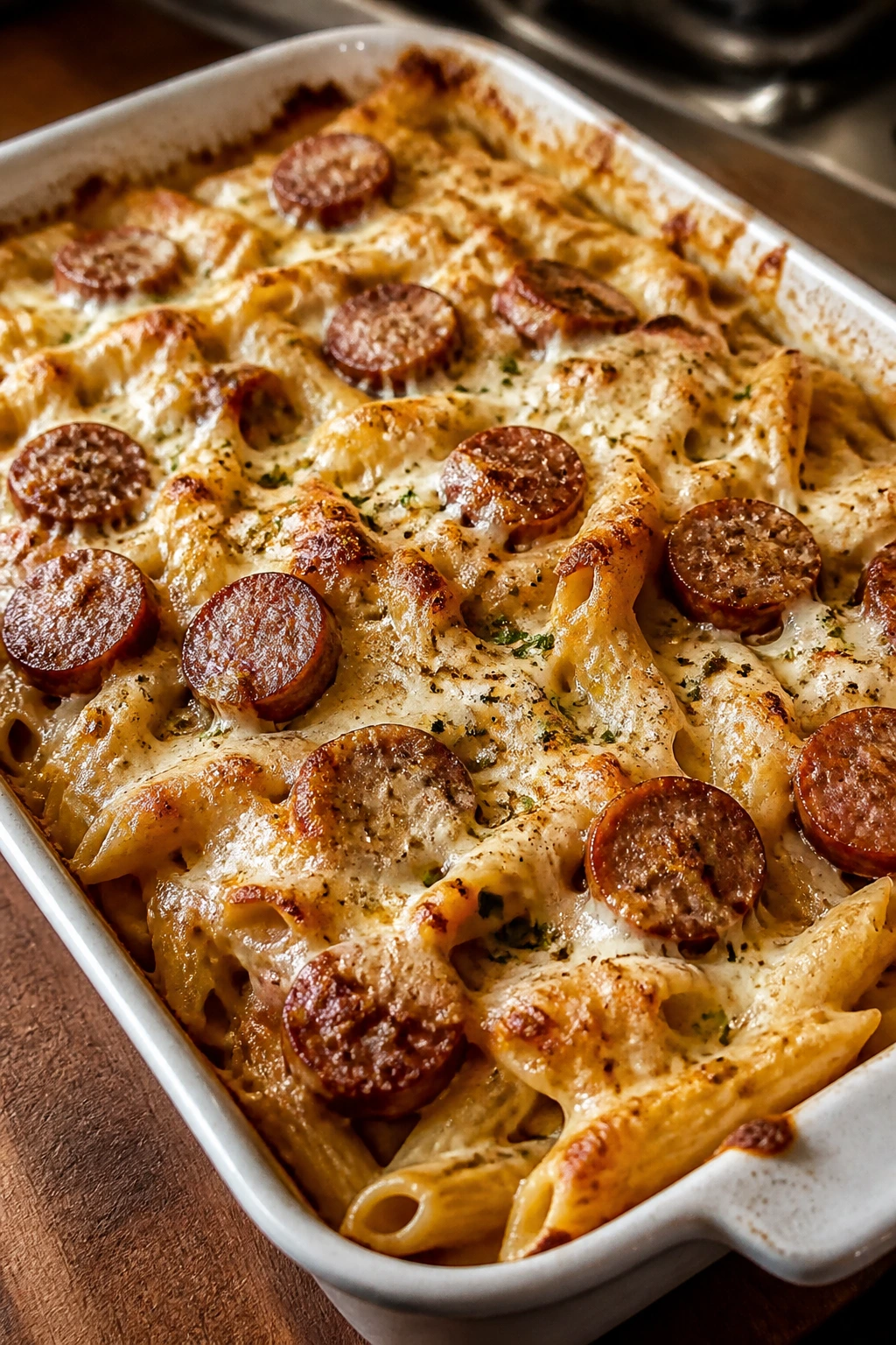 Baked Cajun sausage Alfredo pasta in a baking dish with melted cheese