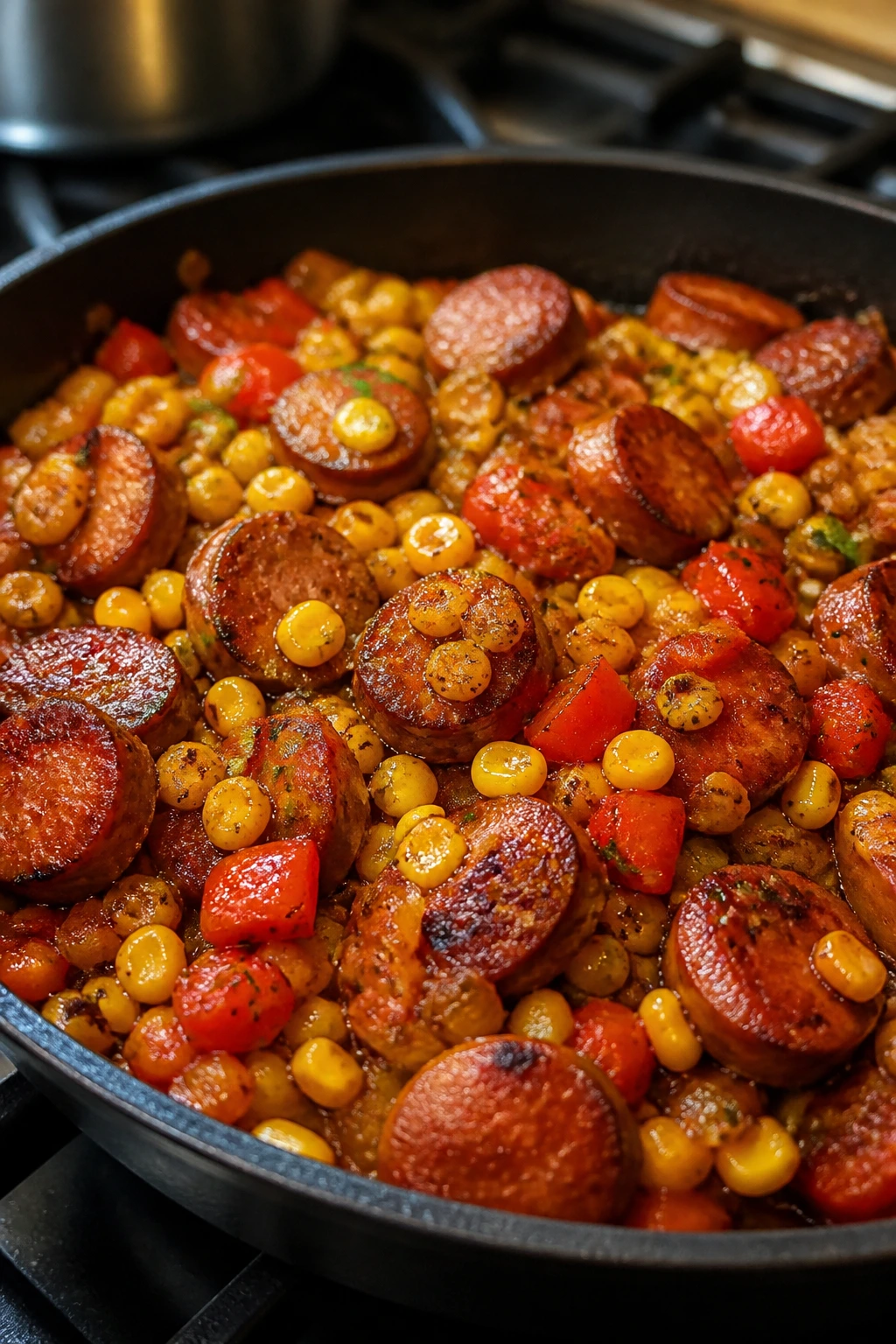 Andouille sausage with corn and peppers in a Cajun skillet