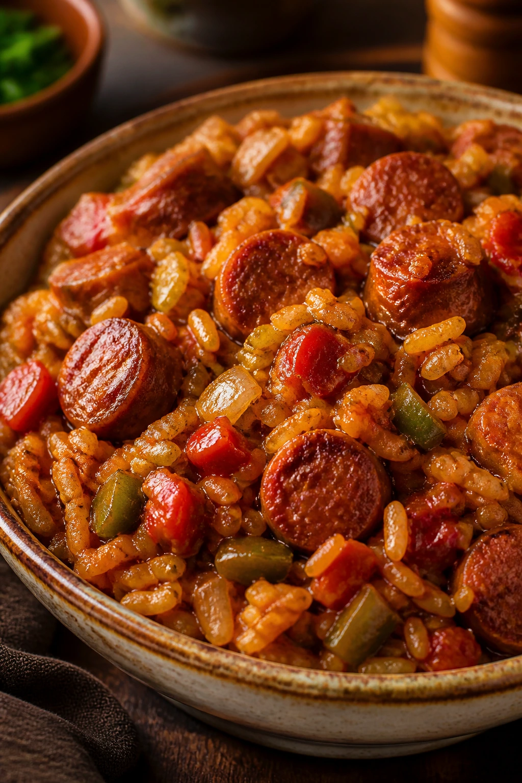 Cajun sausage jambalaya with rice and peppers