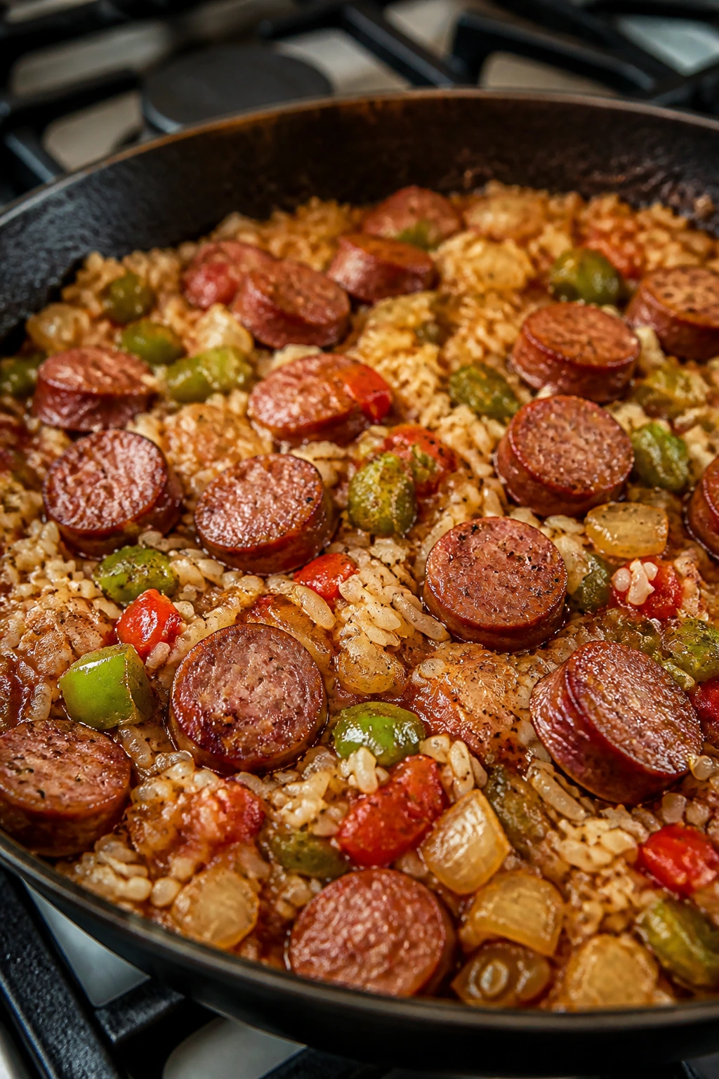 Cajun smoked sausage and rice in a deep skillet