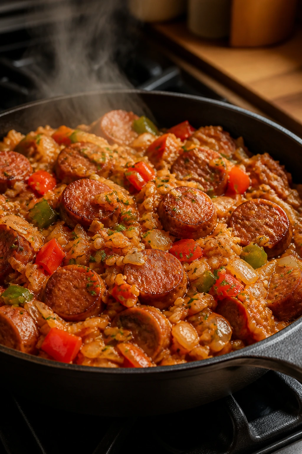 Close-up of Cajun sausage and rice skillet