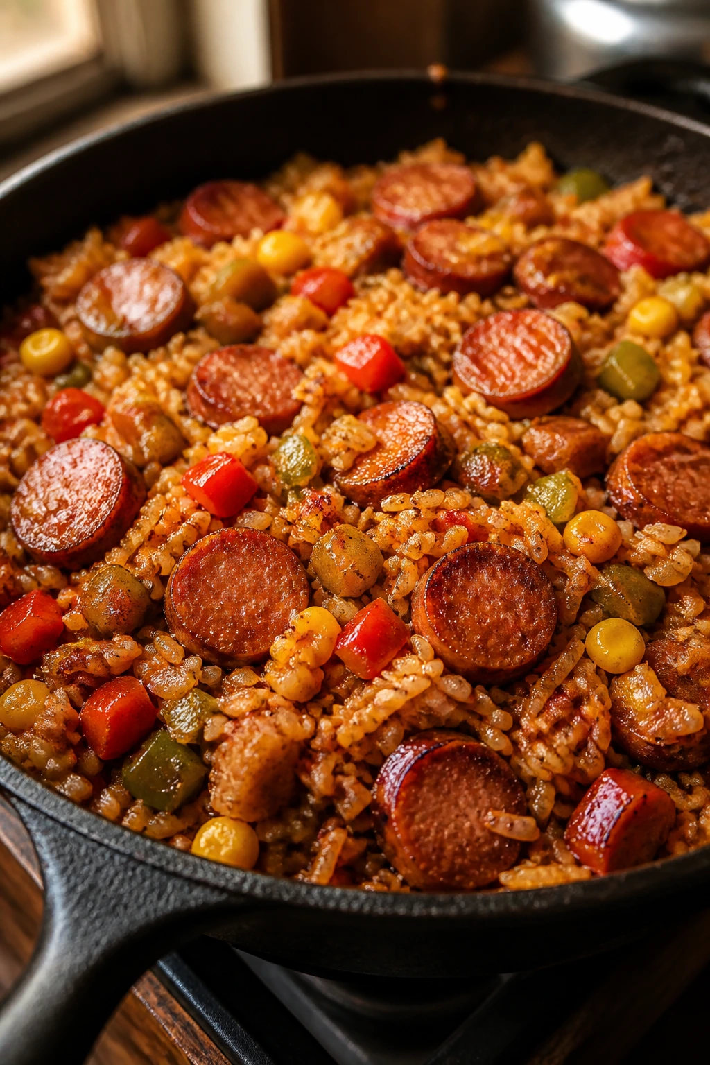Close-up of Cajun smoked sausage with rice in a skillet, peppers and corn, warm kitchen lighting.