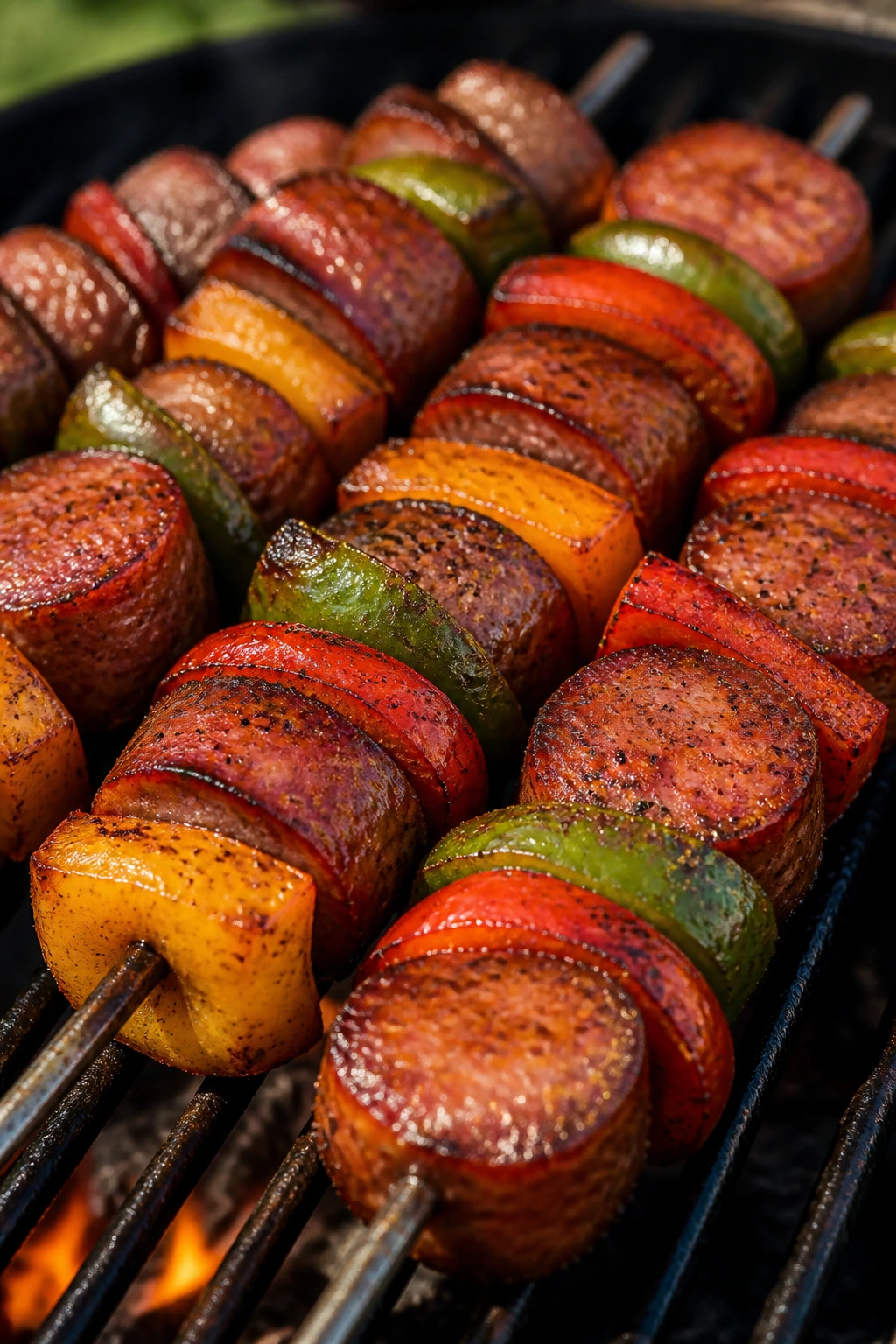 Close-up of Cajun sausage skewers with peppers on a grill