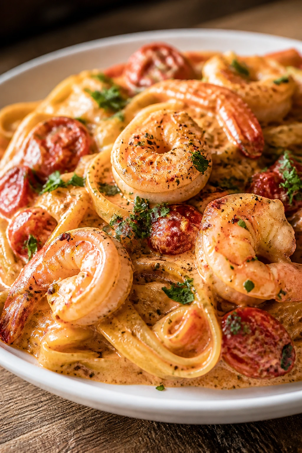 Creamy Cajun shrimp pasta on plate with shrimp and pasta