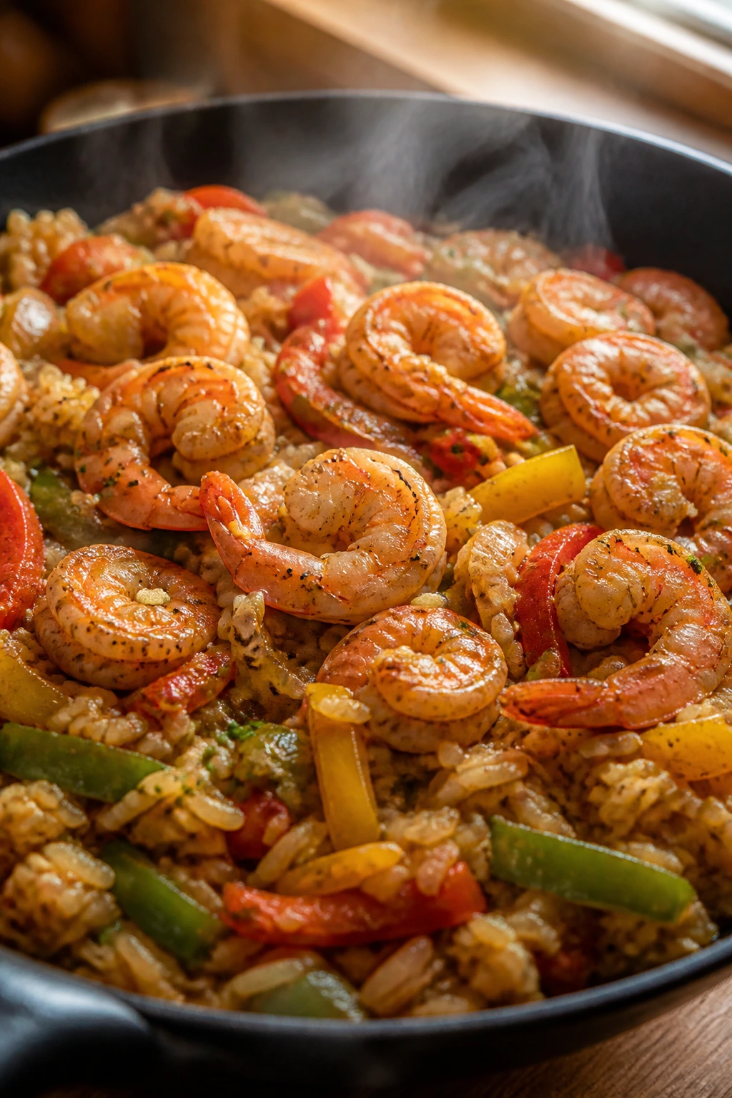 Close-up of Cajun shrimp and rice in skillet with peppers