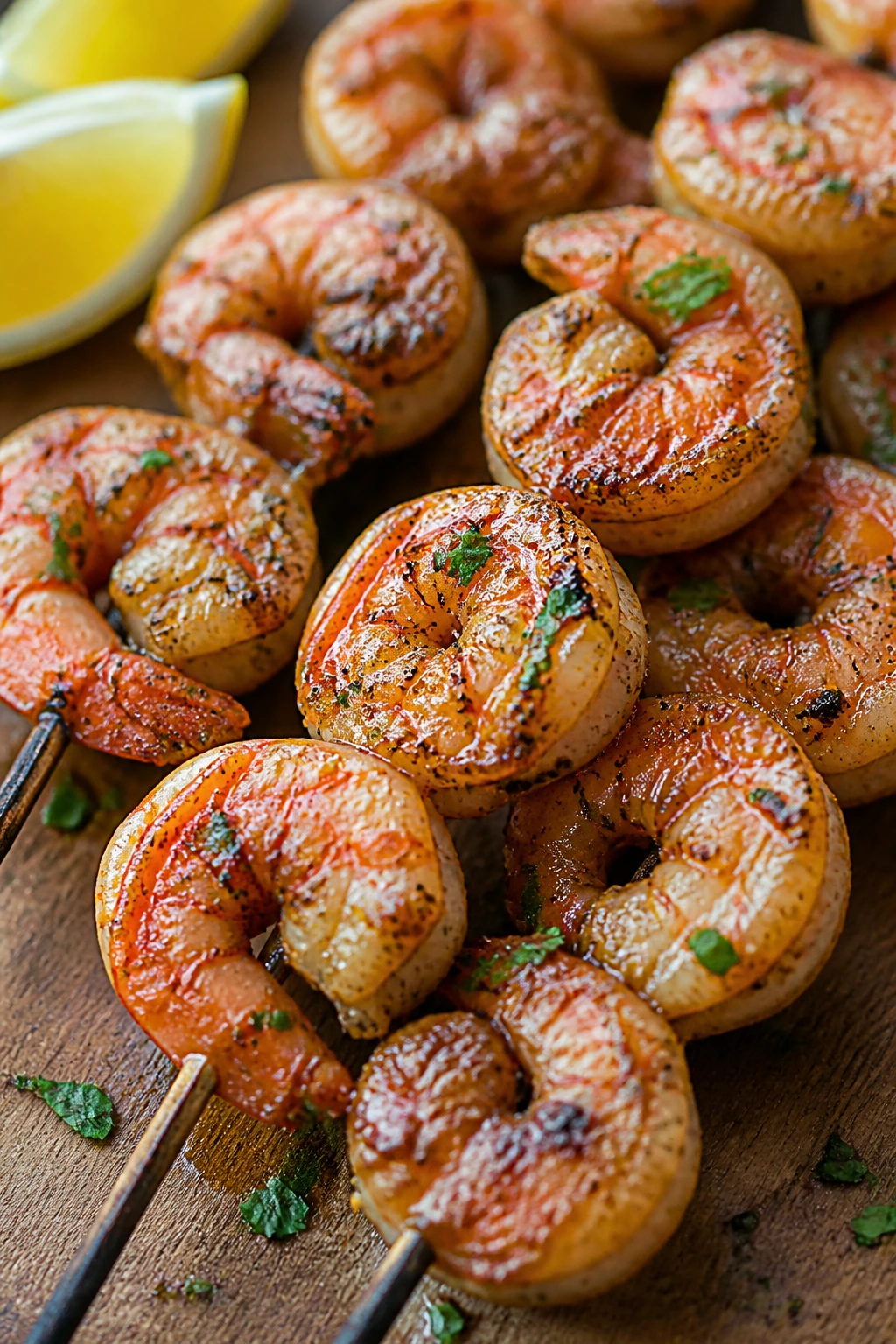 Close-up of Cajun shrimp skewers with spicy seasoning