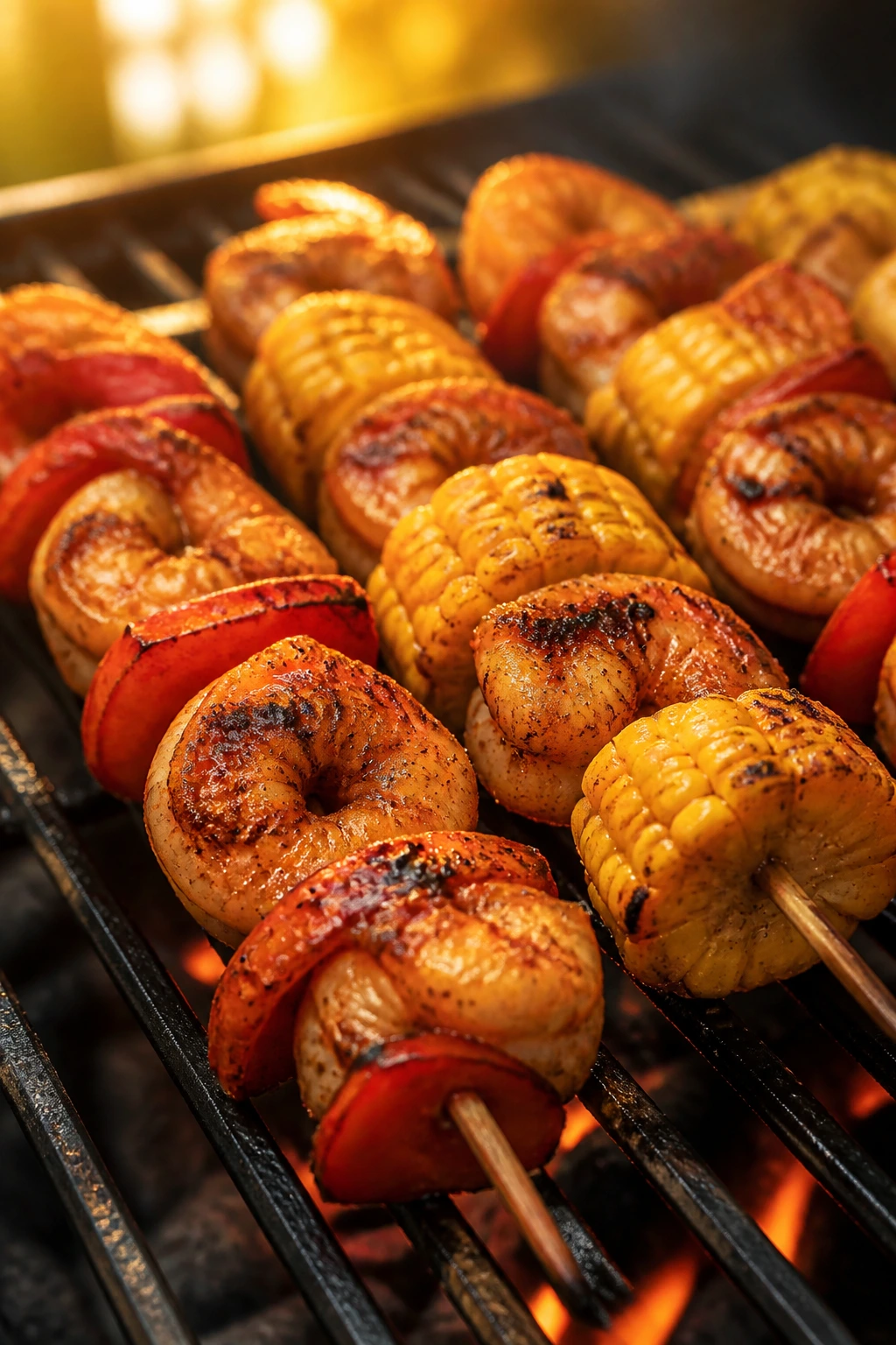 Close-up of Cajun shrimp and corn skewers on a grill