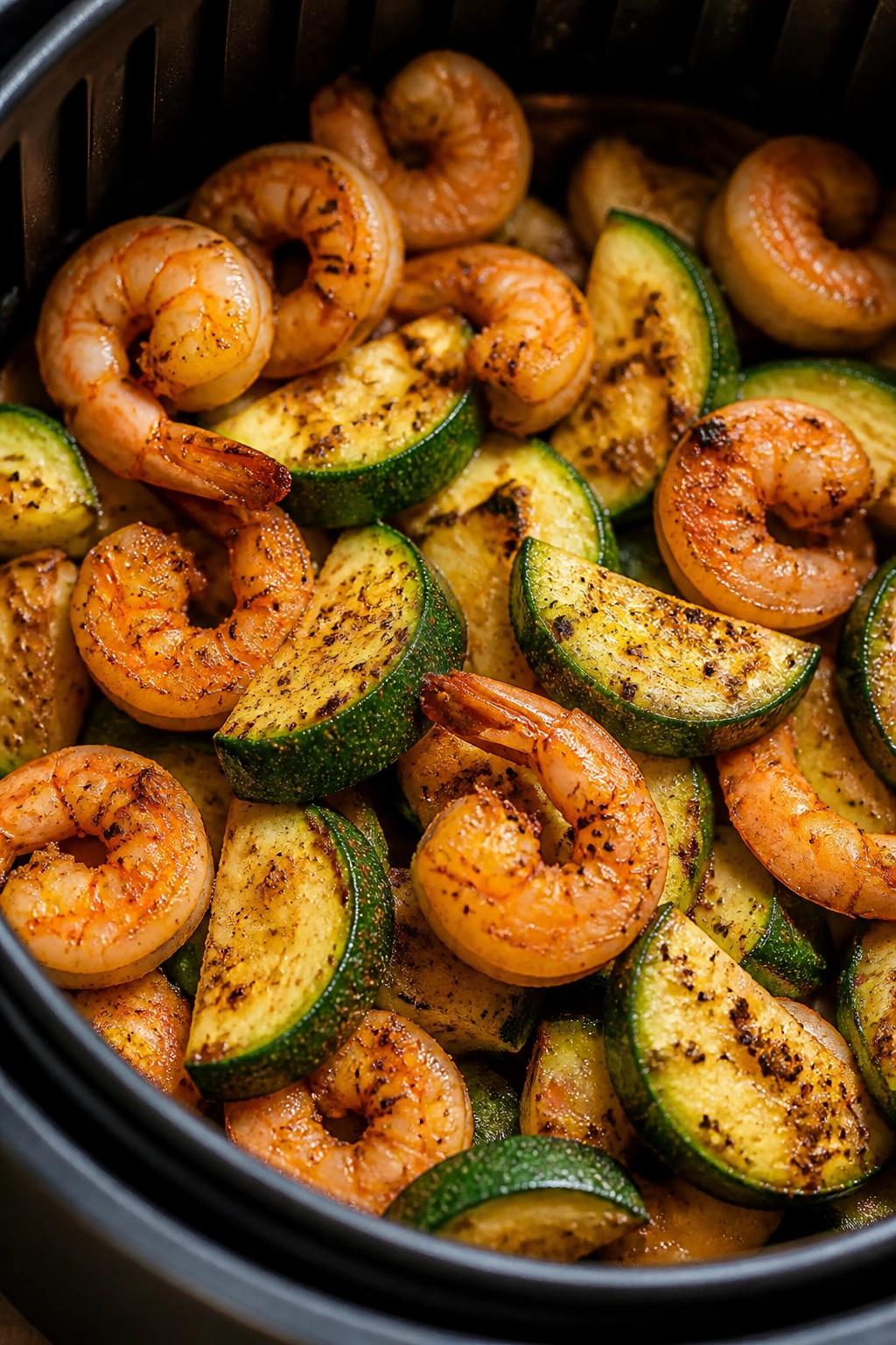 Cajun shrimp and zucchini in a single-layer basket, close-up.