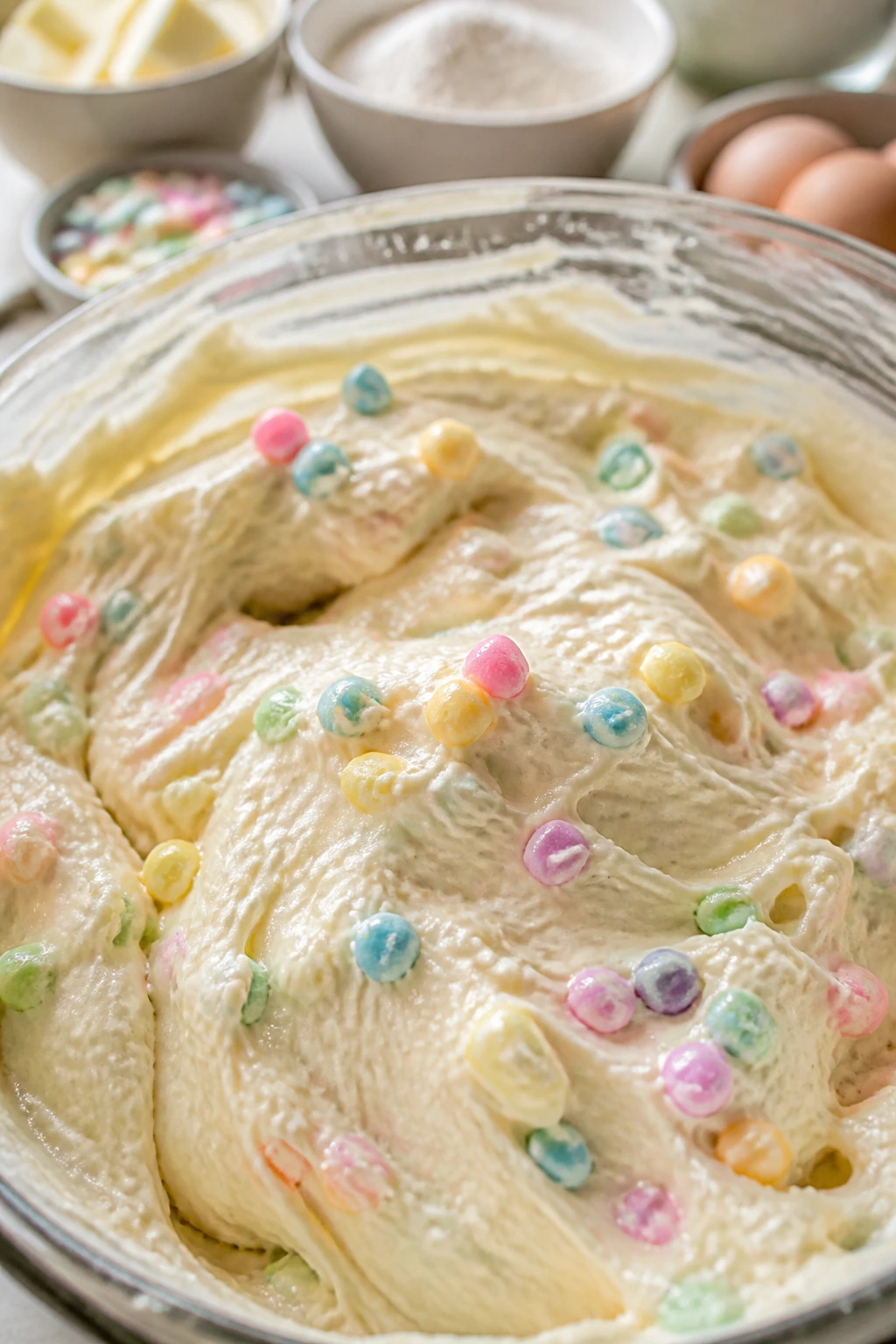 Pastel candy cake batter with candy folded in