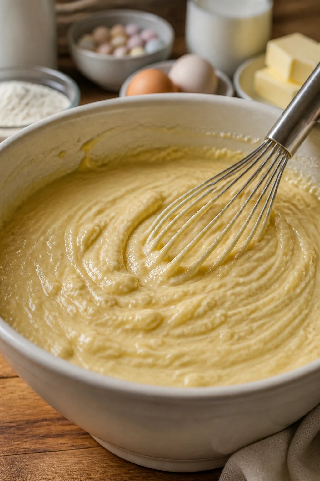 Close-up of glossy cake batter in a mixing bowl in a warm kitchen