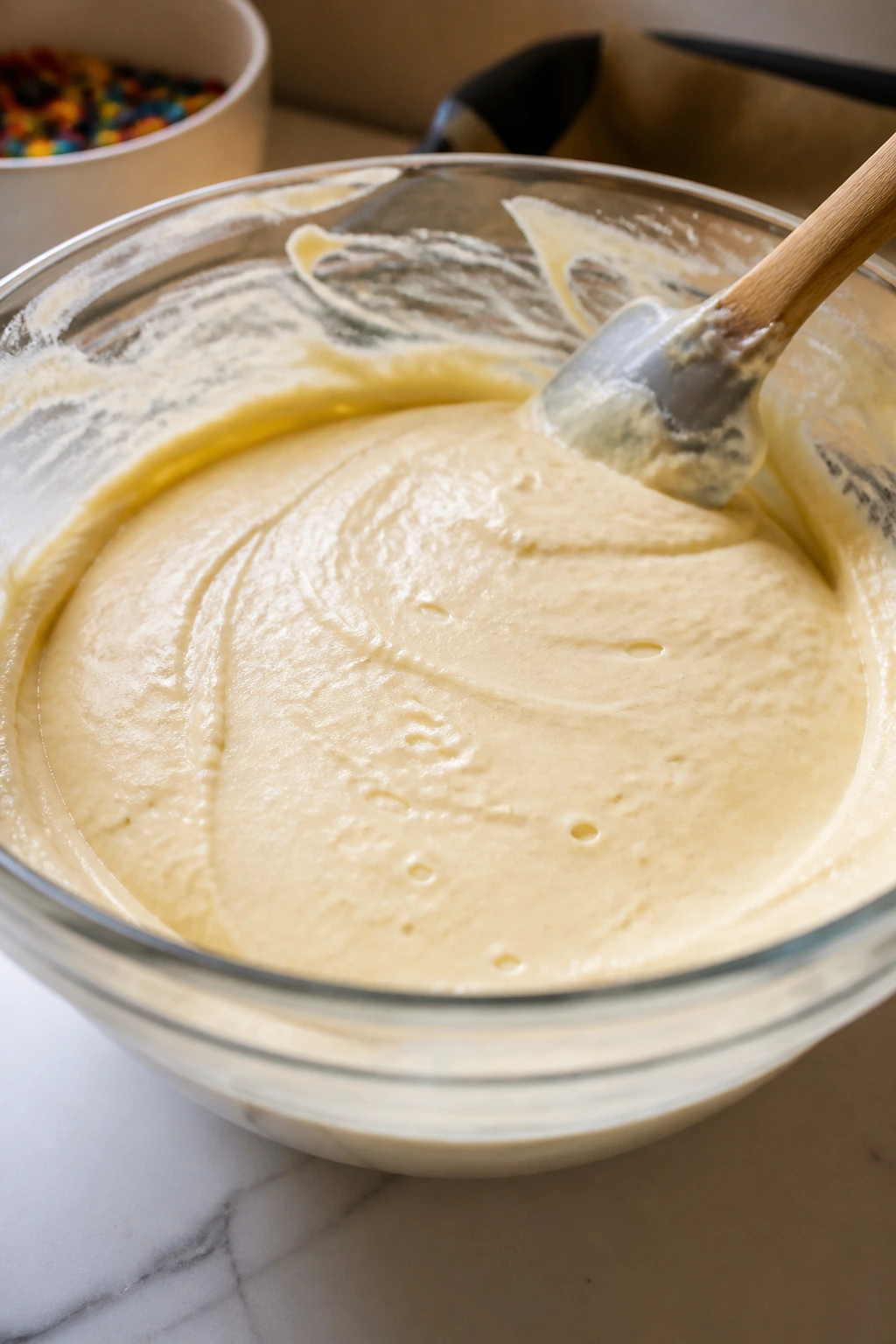 Close-up of thick vanilla cake batter in a mixing bowl