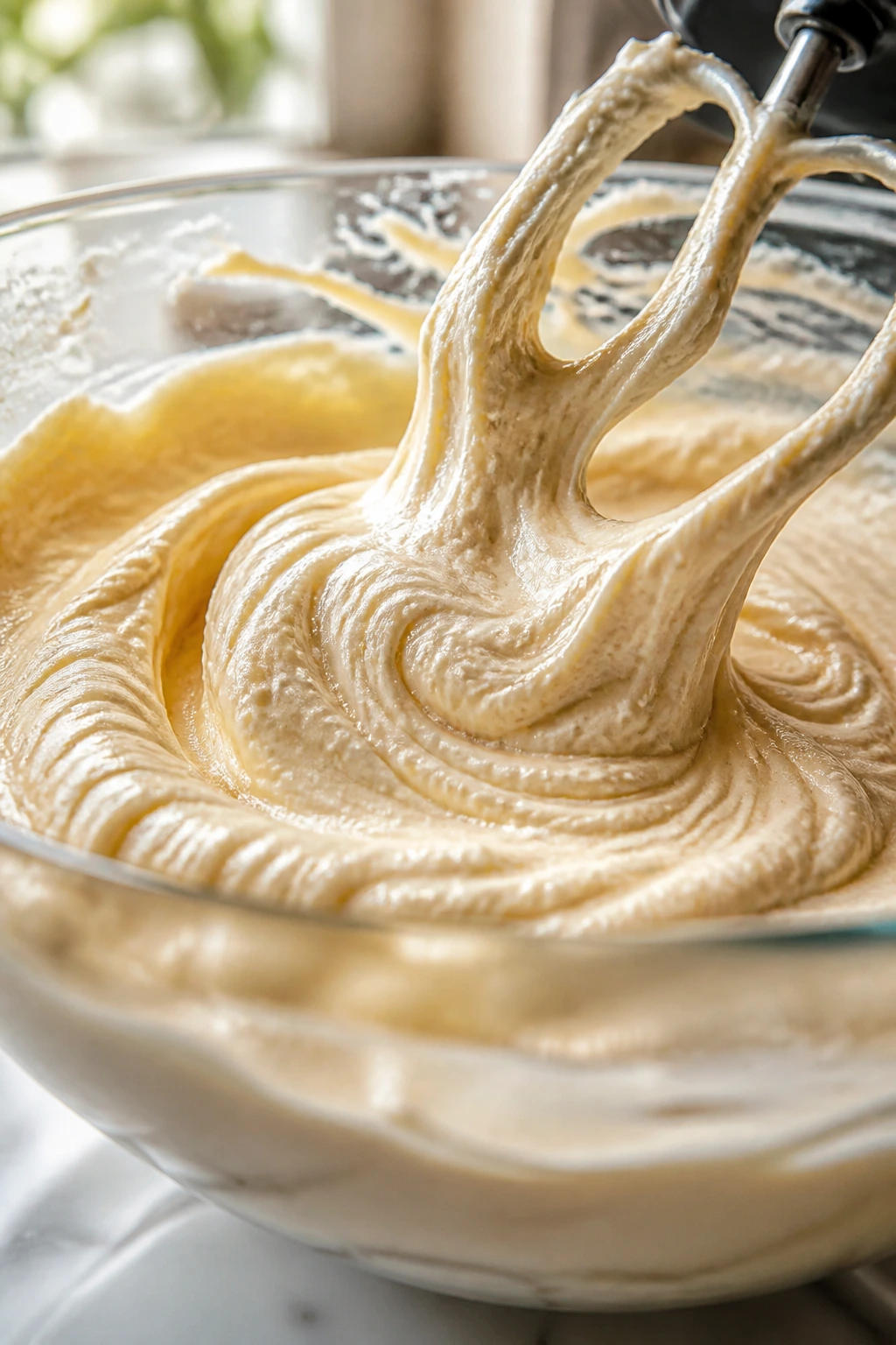 Close-up of cake batter in a bowl being mixed