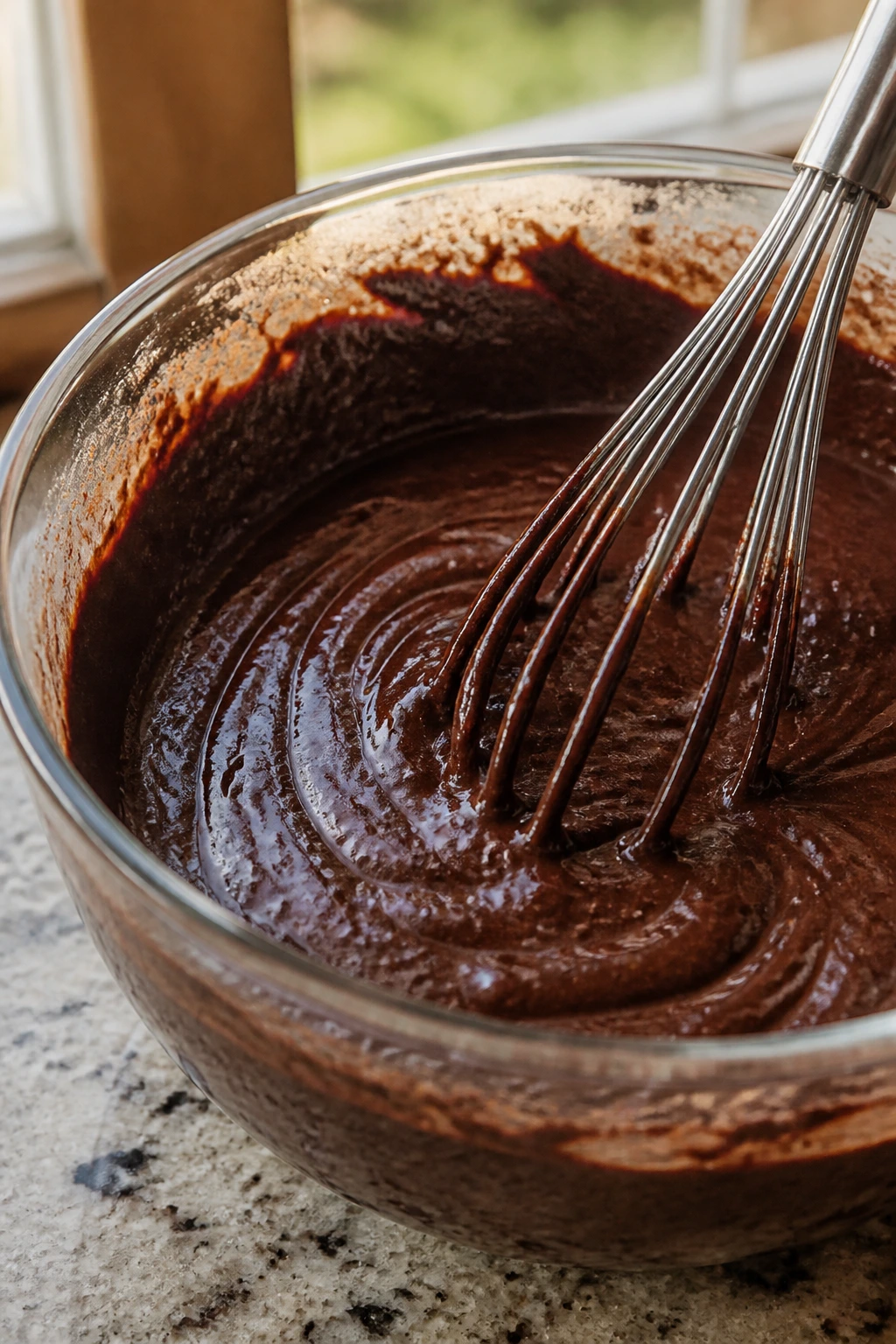 Close-up of glossy dark chocolate cake batter in a bowl being mixed in a sunny kitchen
