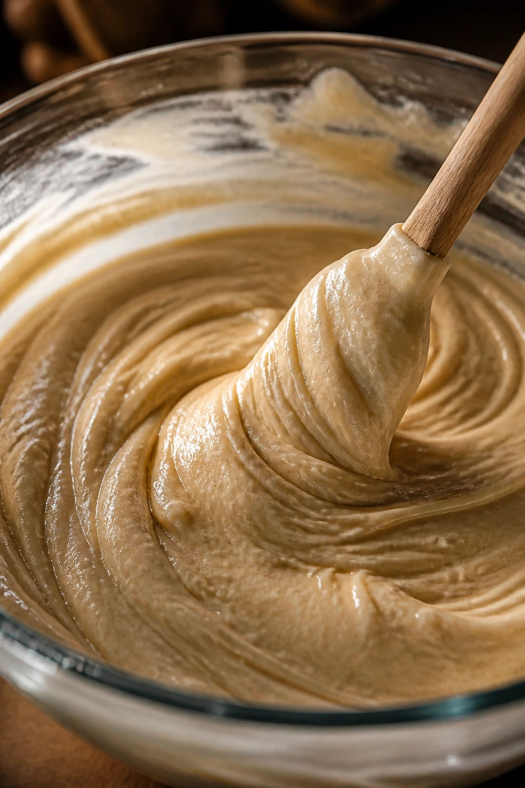 Close-up of glossy cake batter in a mixing bowl